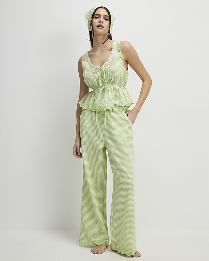 Green Gingham Loungewear Trousers Set