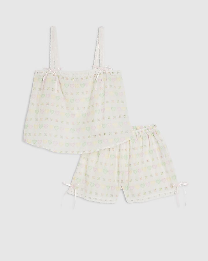 White Heart Embroidered Pyjama Set