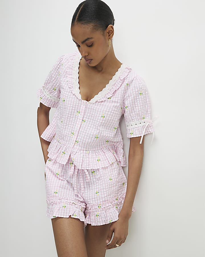 Pink Gingham Daisy Print Set