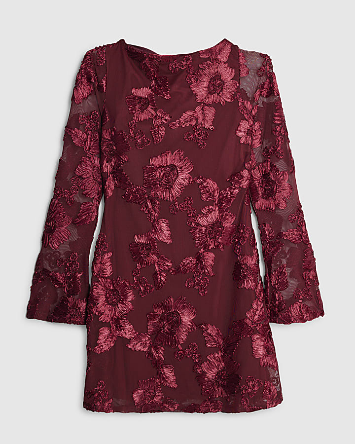 Red Floral Embroidered Long Sleeve Mini Dress