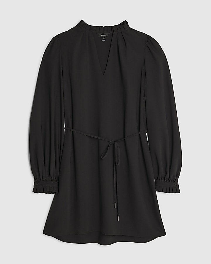 Black Long Sleeve Tie Waist Mini Dress