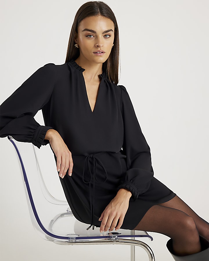 Black Long Sleeve Tie Waist Mini Dress