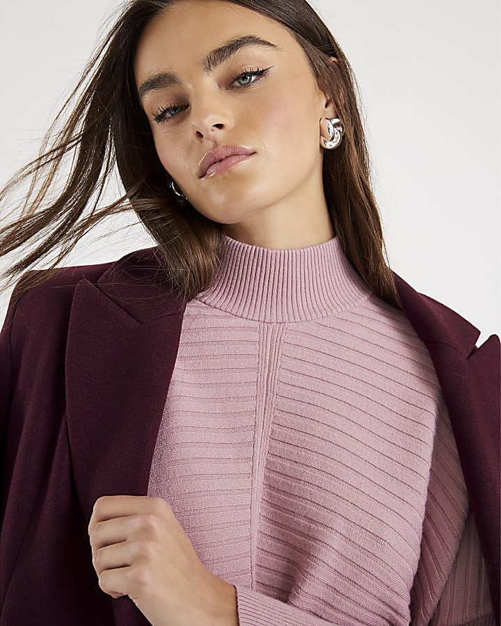 Pink Knit High Neck Ribbed Jumper