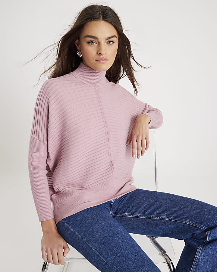 Pink Knit High Neck Ribbed Jumper