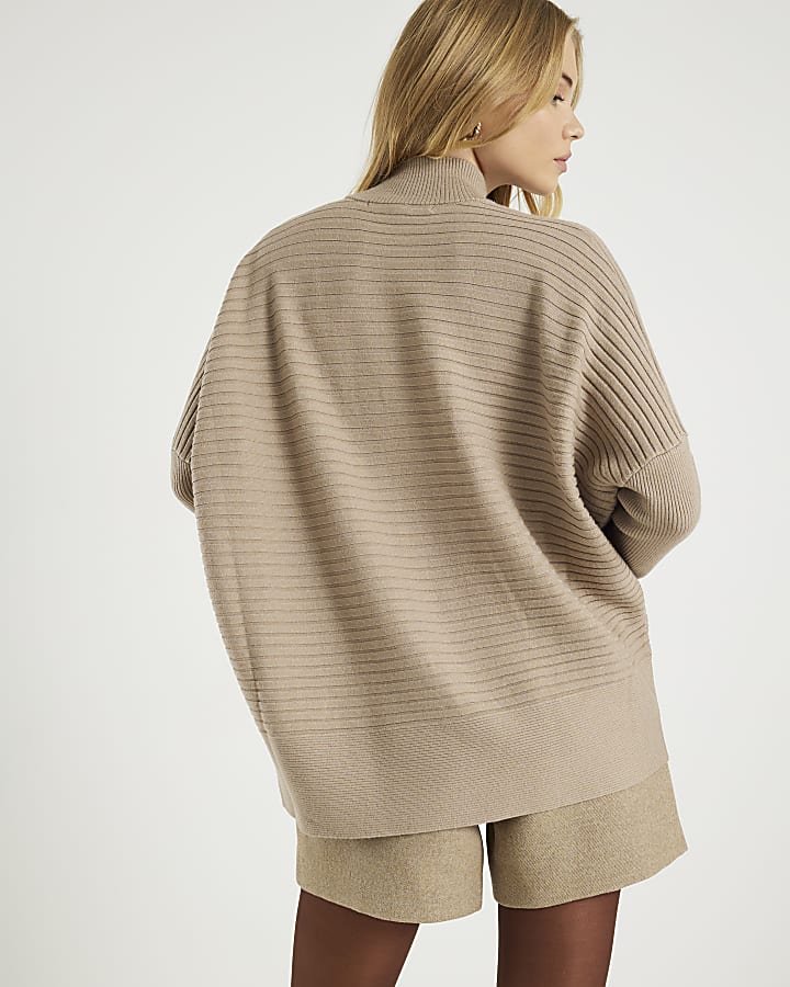 Beige Knit High Neck Ribbed Jumper