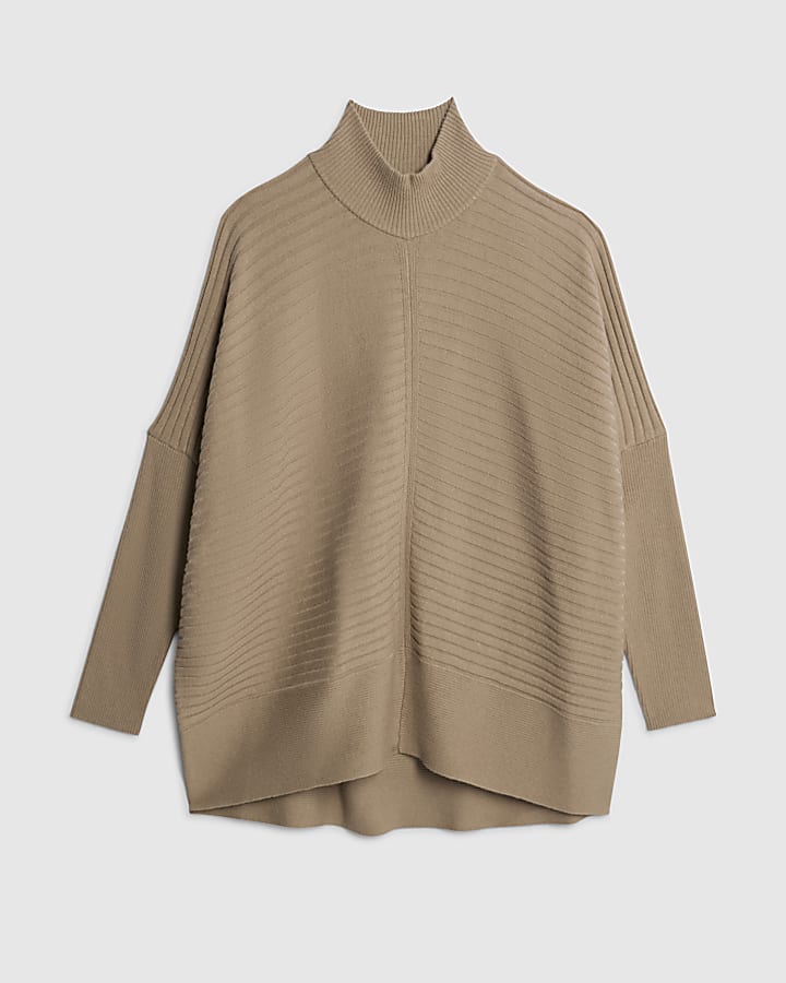 Beige Knit High Neck Ribbed Jumper