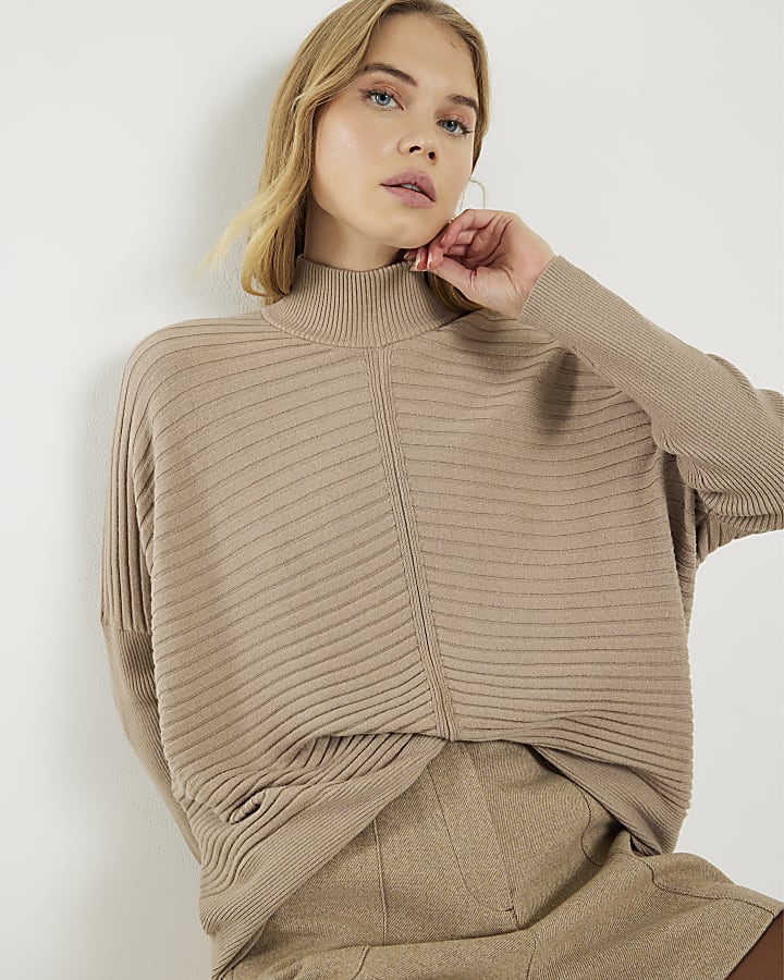 Beige Knit High Neck Ribbed Jumper