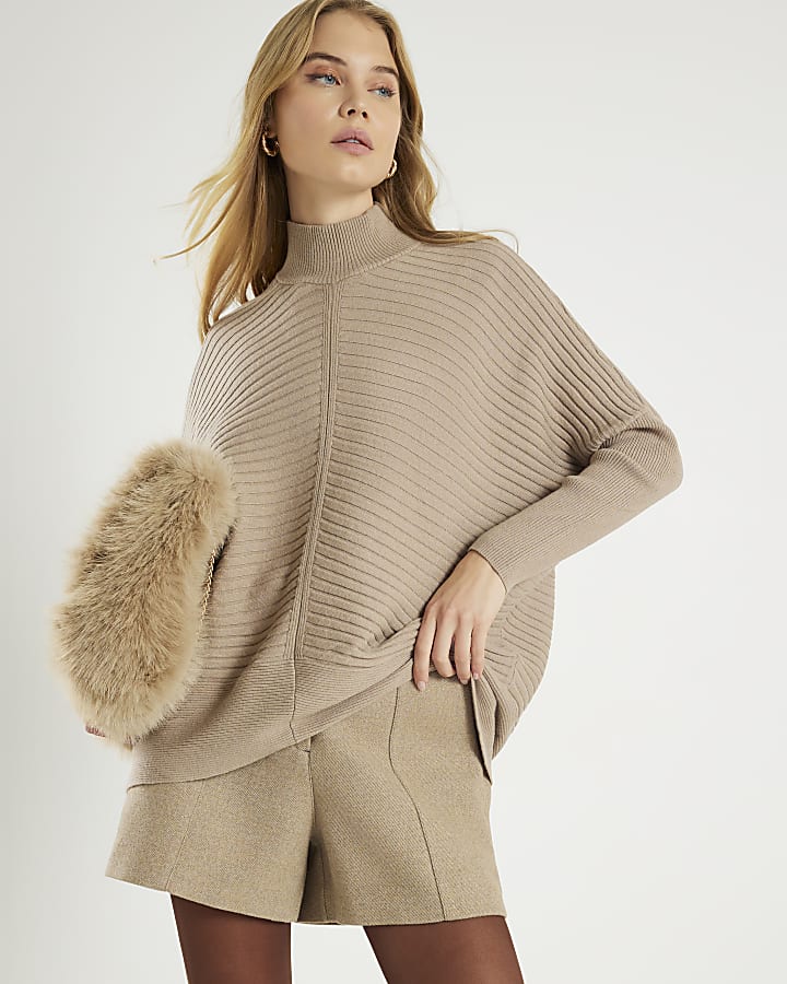 Beige Knit High Neck Ribbed Jumper