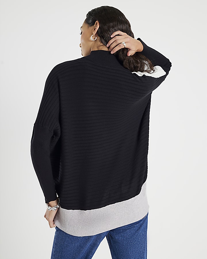Black Contrast High Neck Rib Jumper