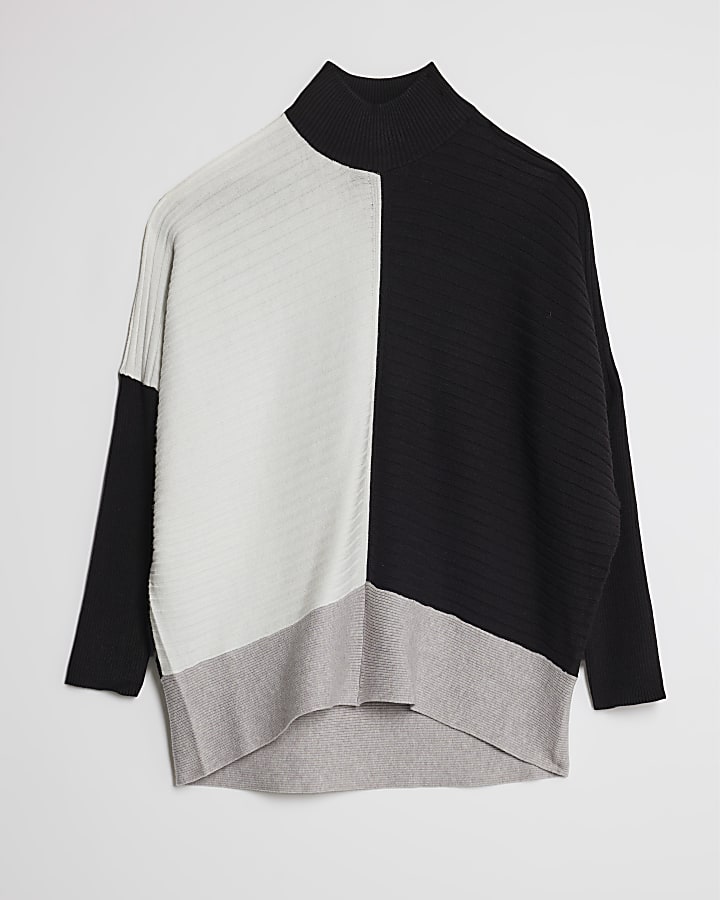 Black Contrast High Neck Rib Jumper