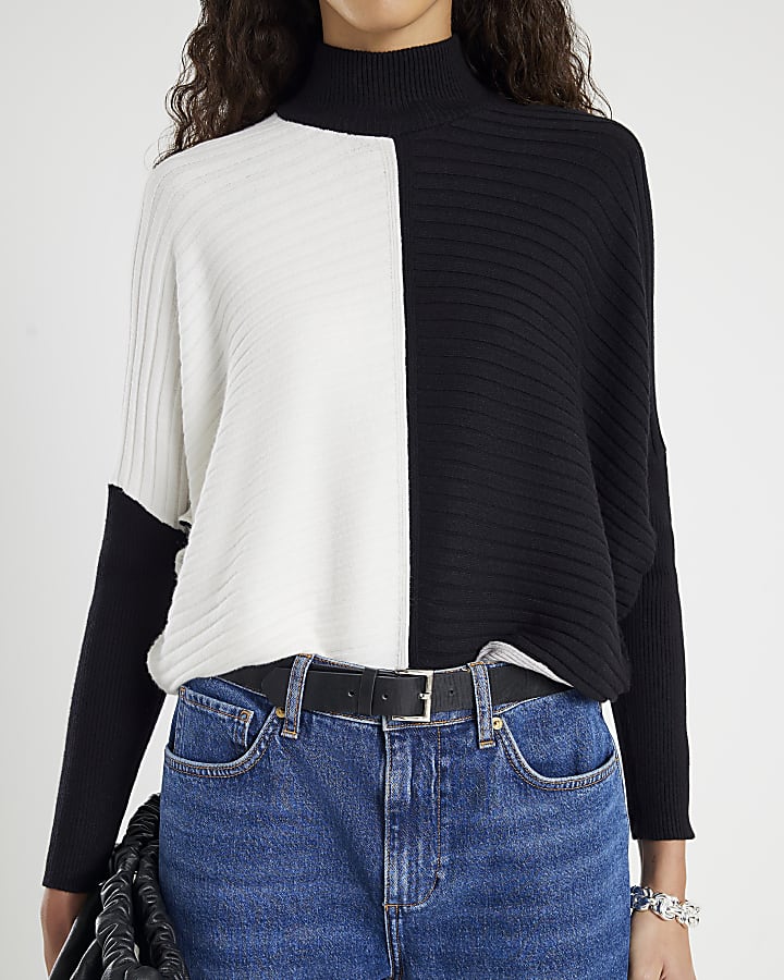 Black Contrast High Neck Rib Jumper
