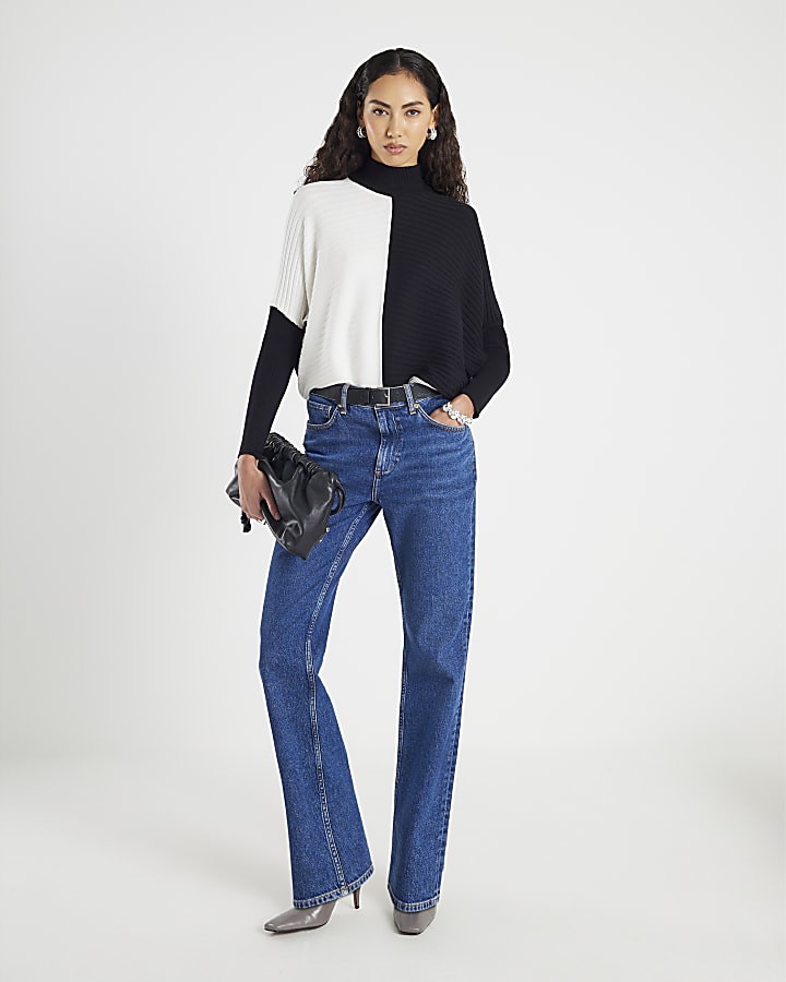 Black Contrast High Neck Rib Jumper