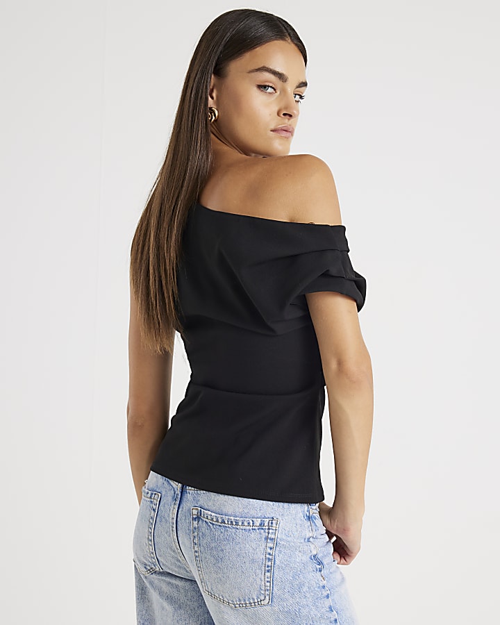 Black Short Sleeve Drape Off Shoulder Top