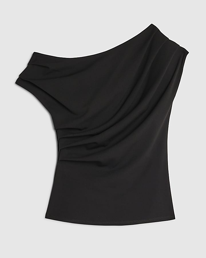 Black Short Sleeve Drape Off Shoulder Top