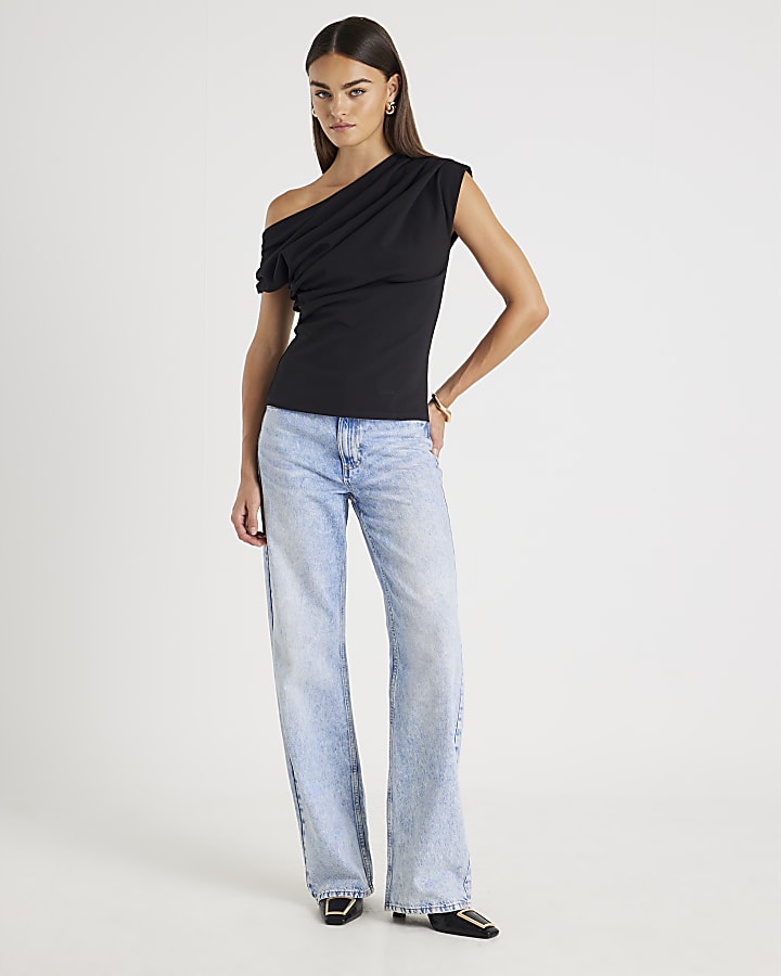 Black Short Sleeve Drape Off Shoulder Top