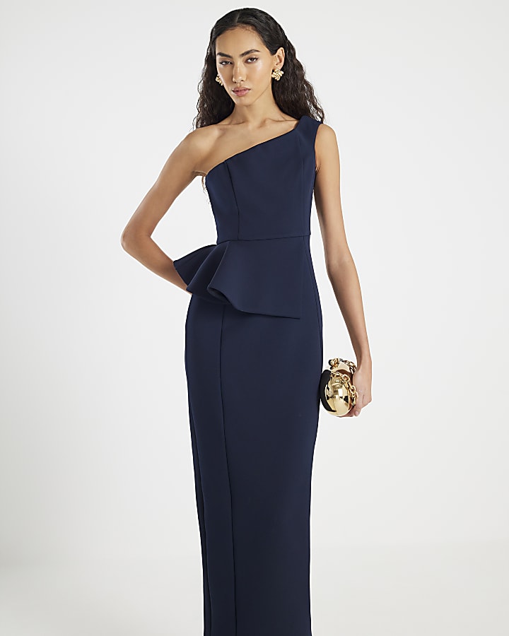 Navy Premium Asymmetric Frill Maxi Dress