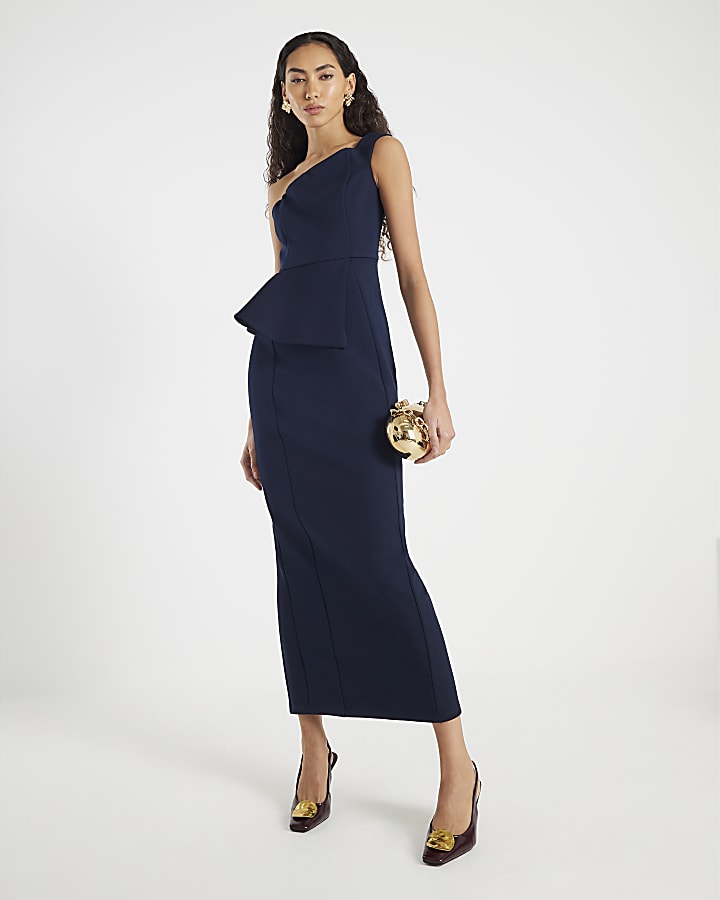 Navy Premium Asymmetric Frill Maxi Dress