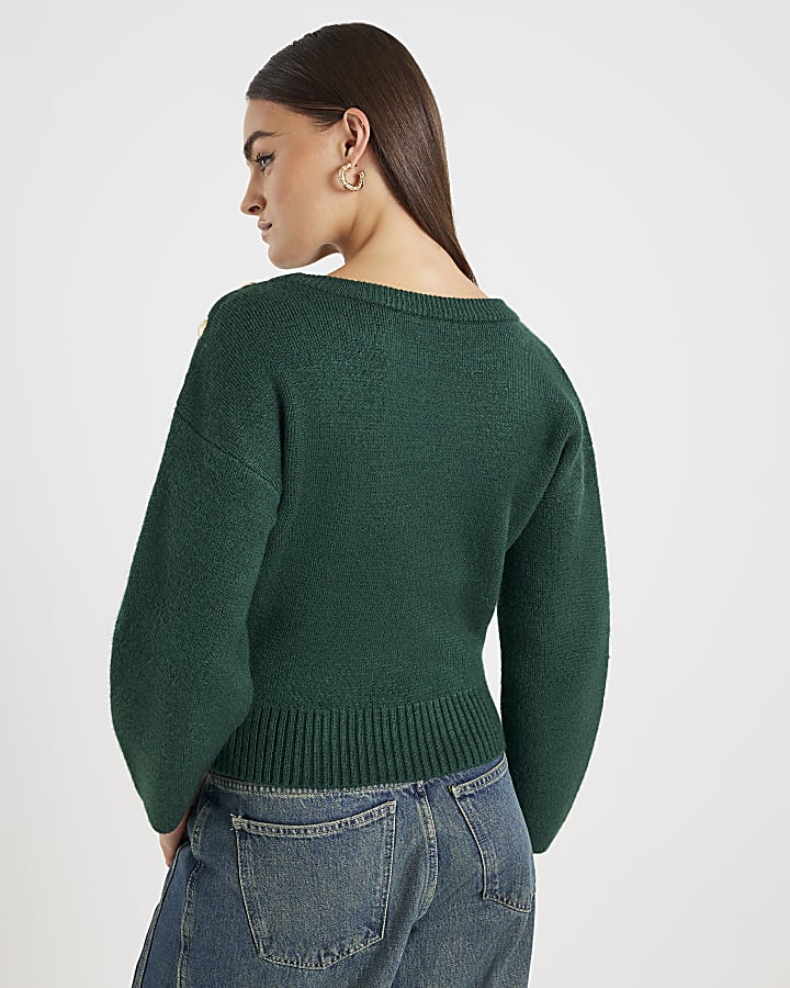 Green Knitted Structured Sleeve Jumper