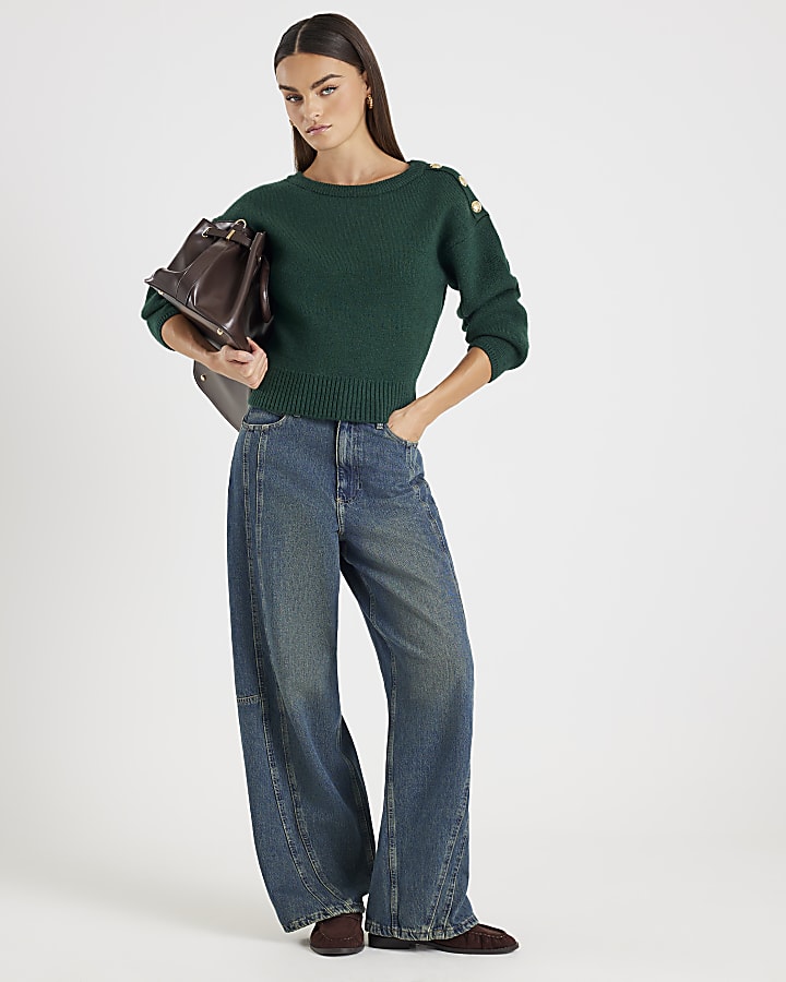 Green Knitted Structured Sleeve Jumper