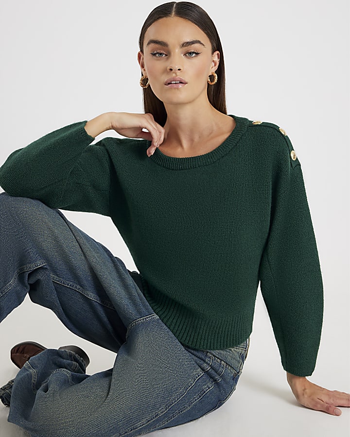 Green Knitted Structured Sleeve Jumper
