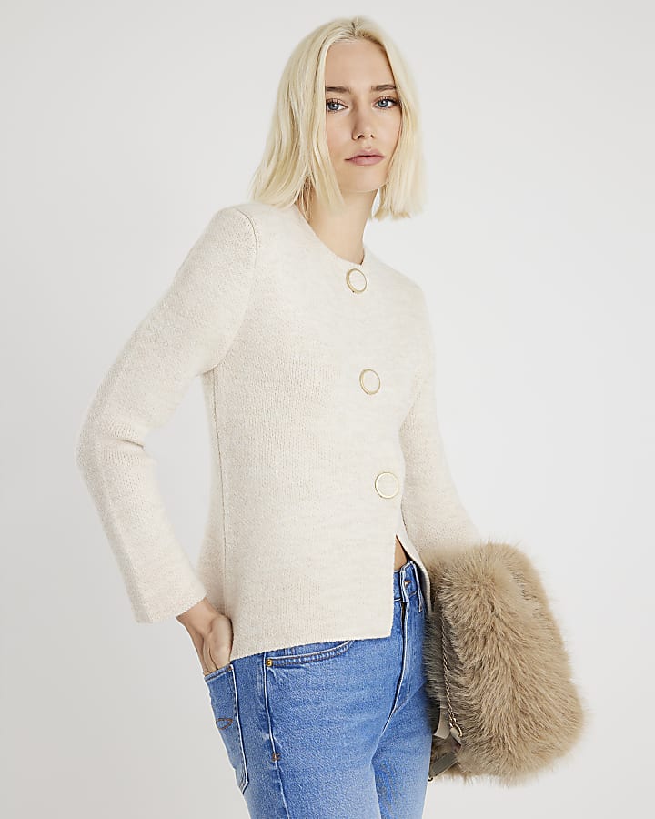 Beige Knitted Long Sleeve Cardigan