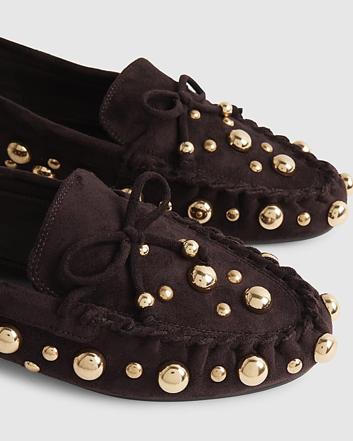 Brown Suede Studded Loafers