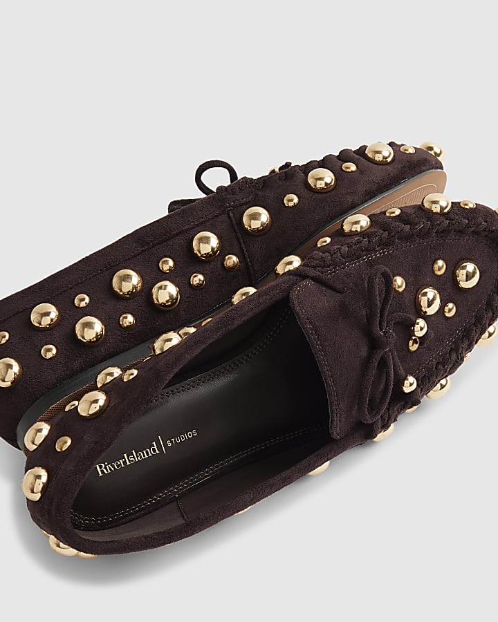 Brown Suede Studded Loafers