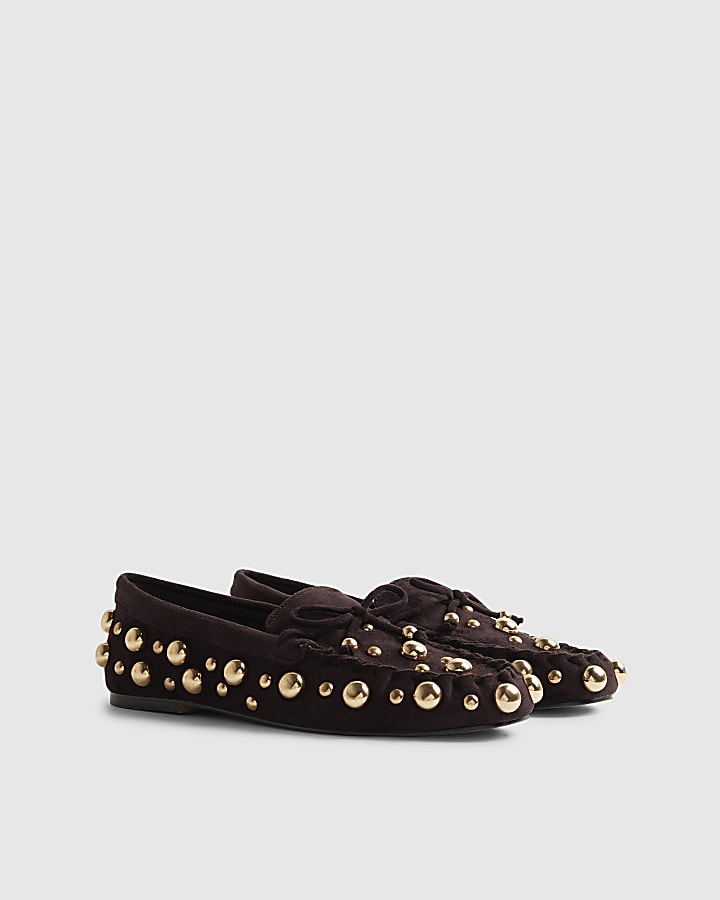 Brown Suede Studded Loafers