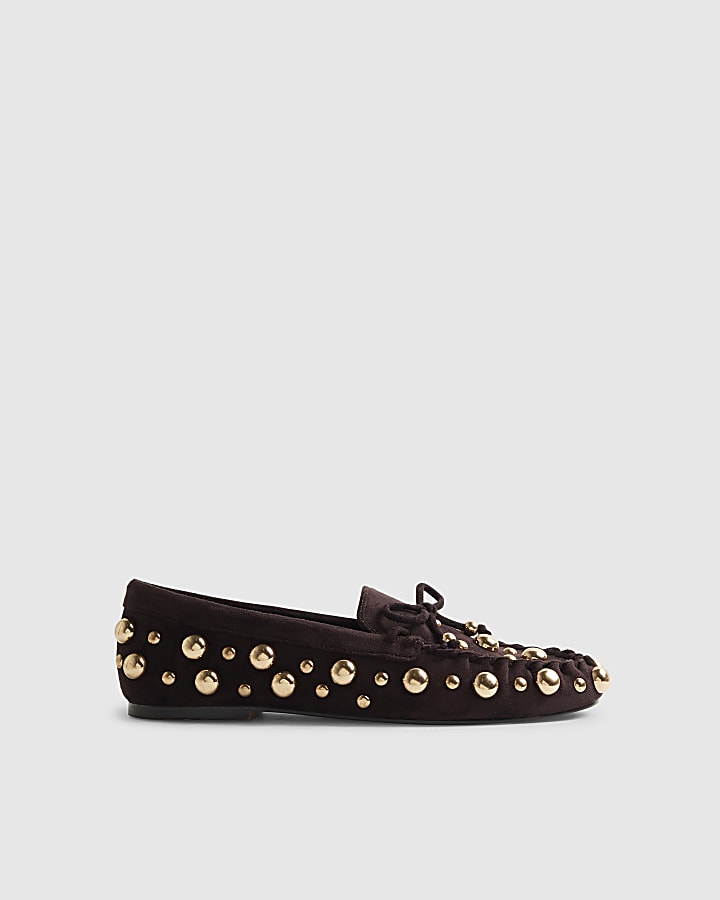 Brown Suede Studded Loafers