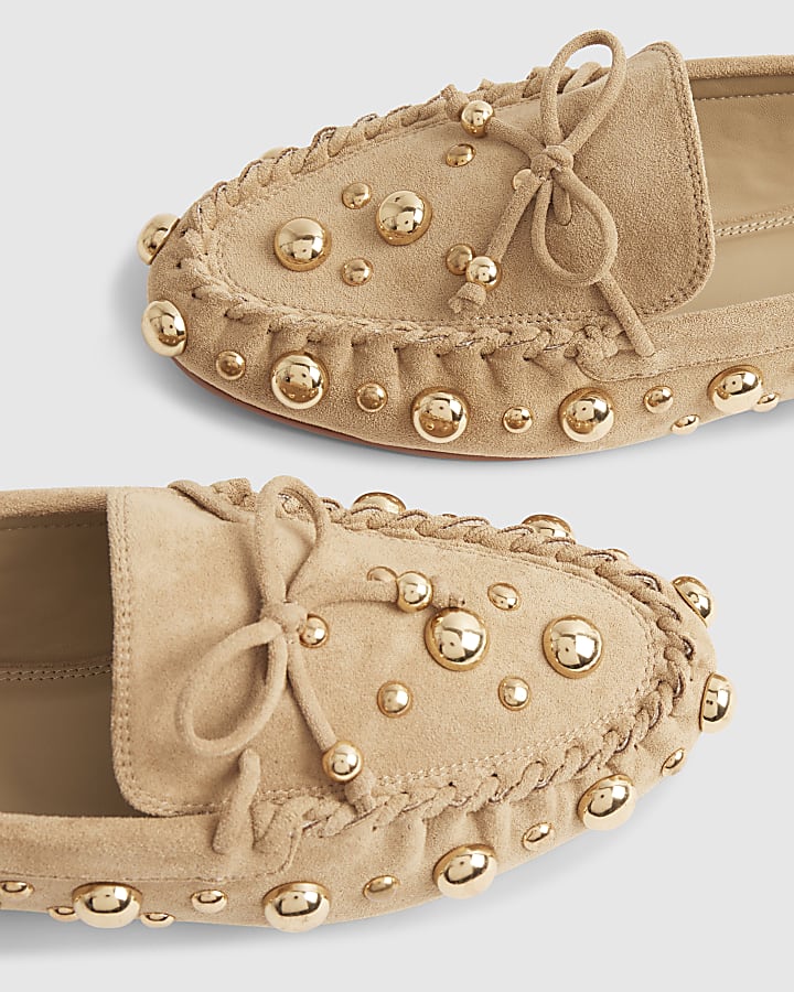 Brown Suede Studded Loafers