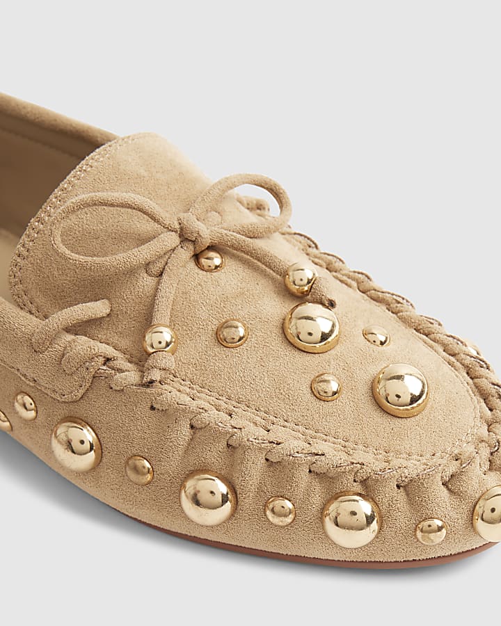 Brown Suede Studded Loafers