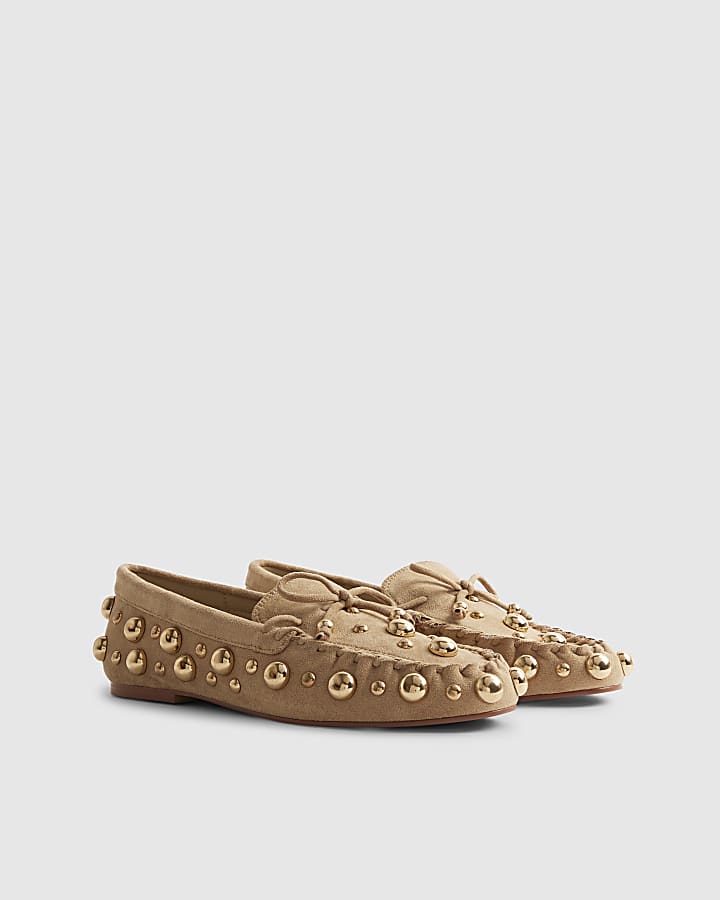 Brown Suede Studded Loafers