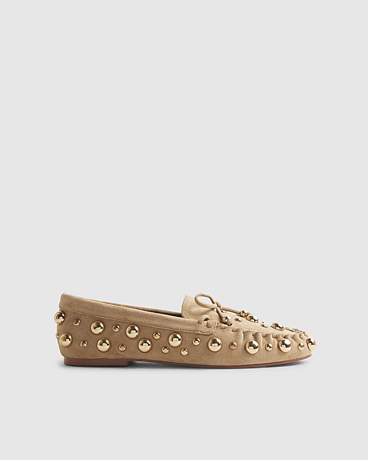 Brown Faux Suede Studded Loafers