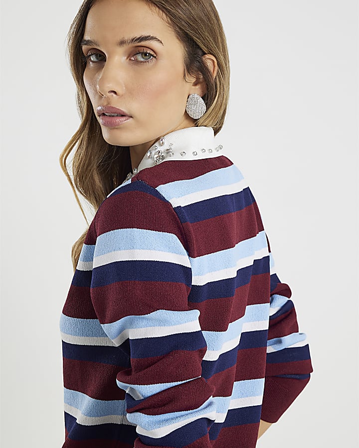 Red Striped Diamante Trim Polo Top