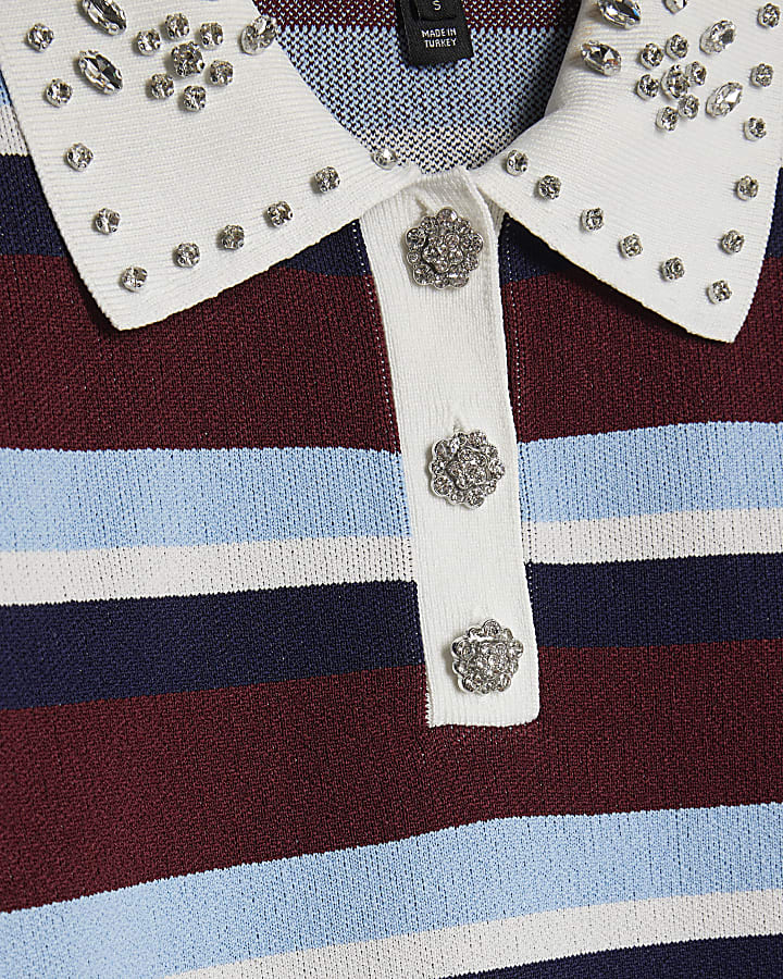 Red Striped Diamante Trim Polo Top