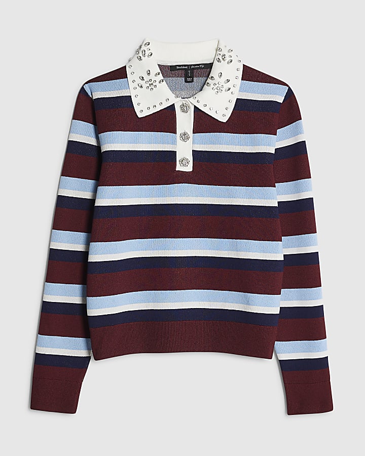 Red Striped Diamante Trim Polo Top