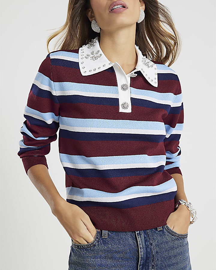 Red Striped Diamante Trim Polo Top