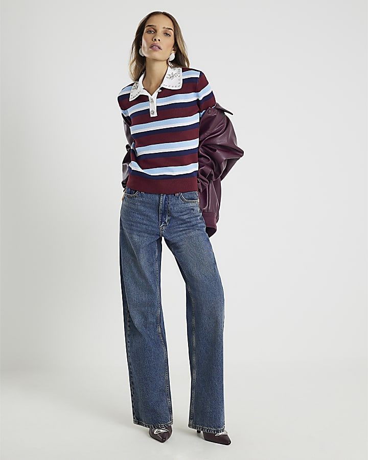 Red Striped Diamante Trim Polo Top