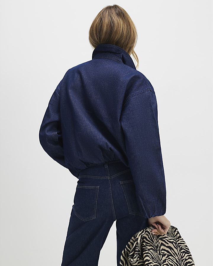 Blue Denim Gathered Hem Bomber Jacket