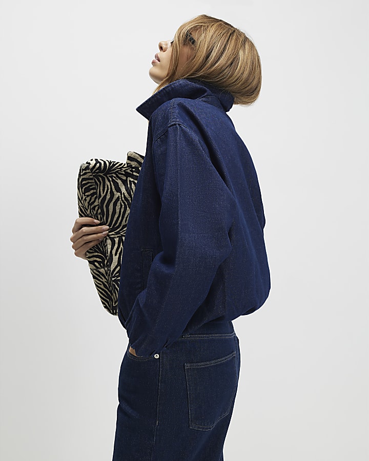 Blue Denim Gathered Hem Bomber Jacket