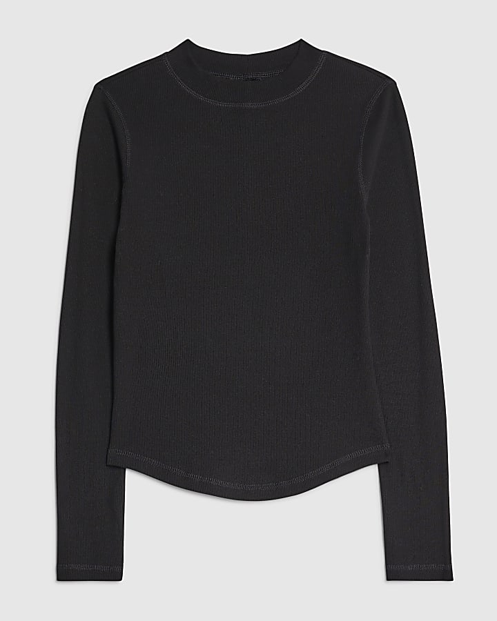 Black Long Sleeve Ribbed Crew Neck Top