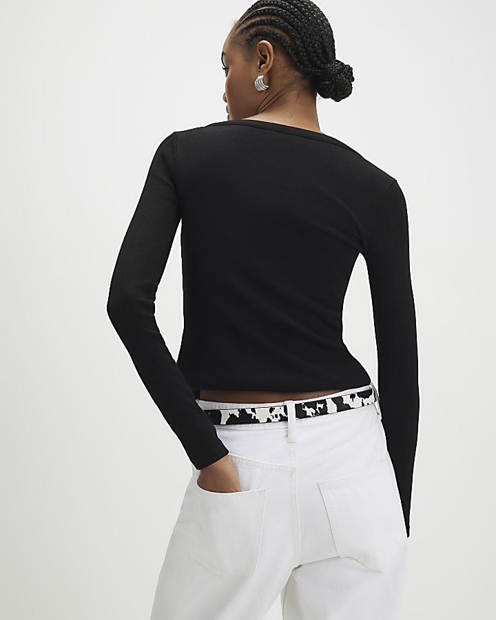 Black Long Sleeve Popper Ribbed Top