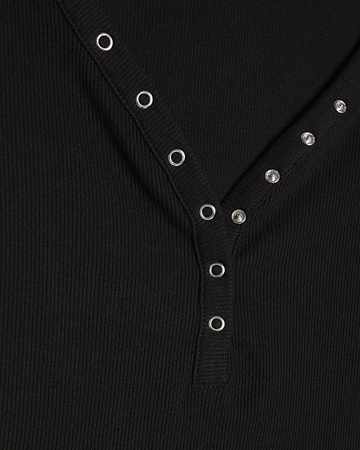 Black Long Sleeve Popper Ribbed Top