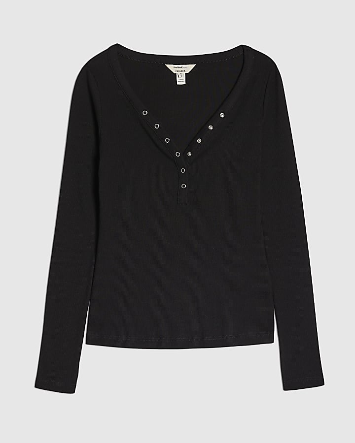 Black Long Sleeve Popper Ribbed Top