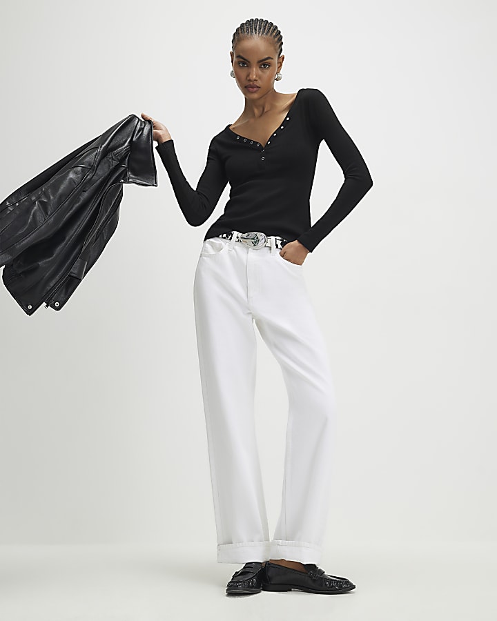 Black Long Sleeve Popper Ribbed Top