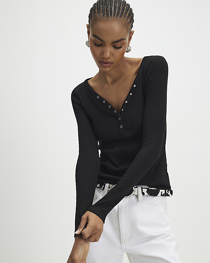 Black Long Sleeve Popper Ribbed Top