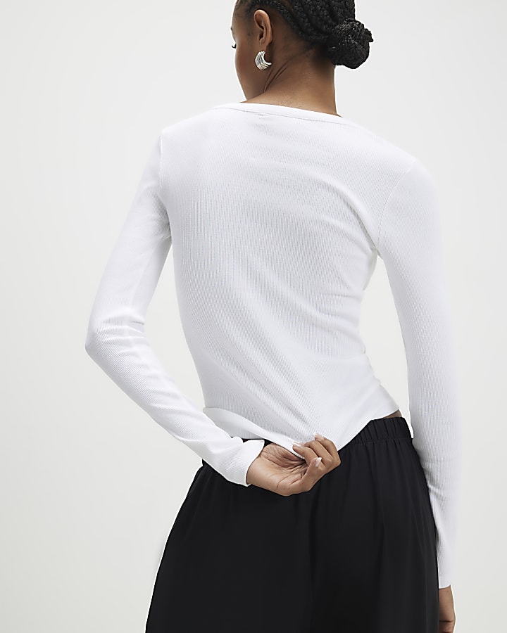 White Long Sleeve Popper Ribbed Top