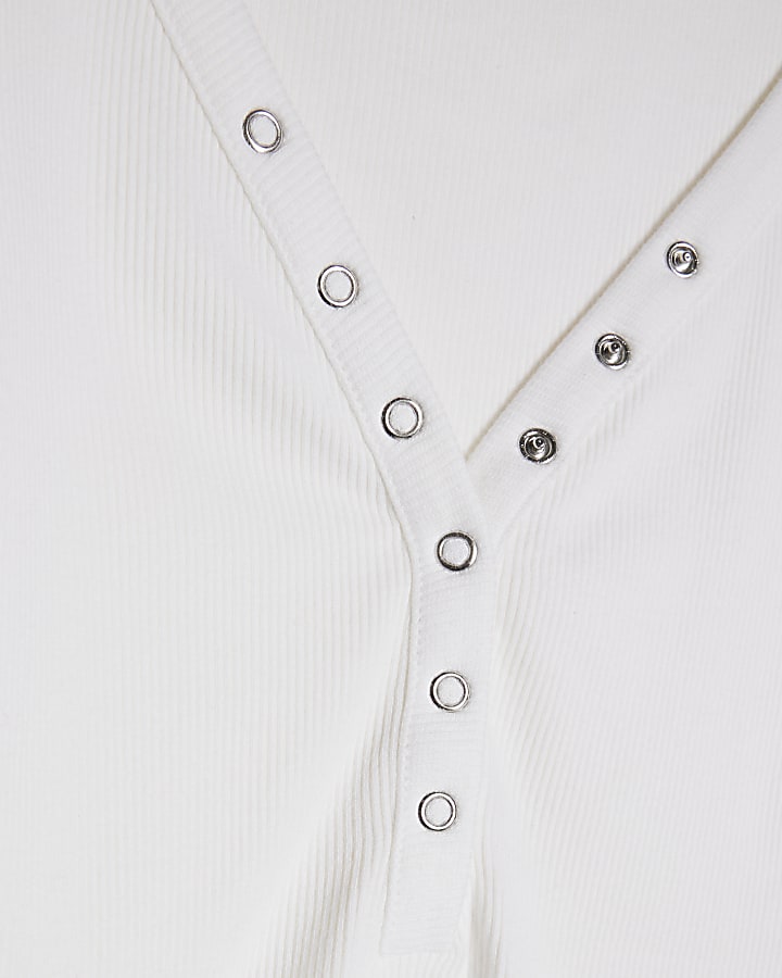 White Long Sleeve Popper Ribbed Top