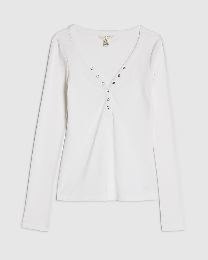 White Long Sleeve Popper Ribbed Top