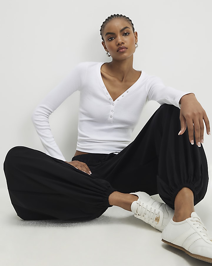 White Long Sleeve Popper Ribbed Top